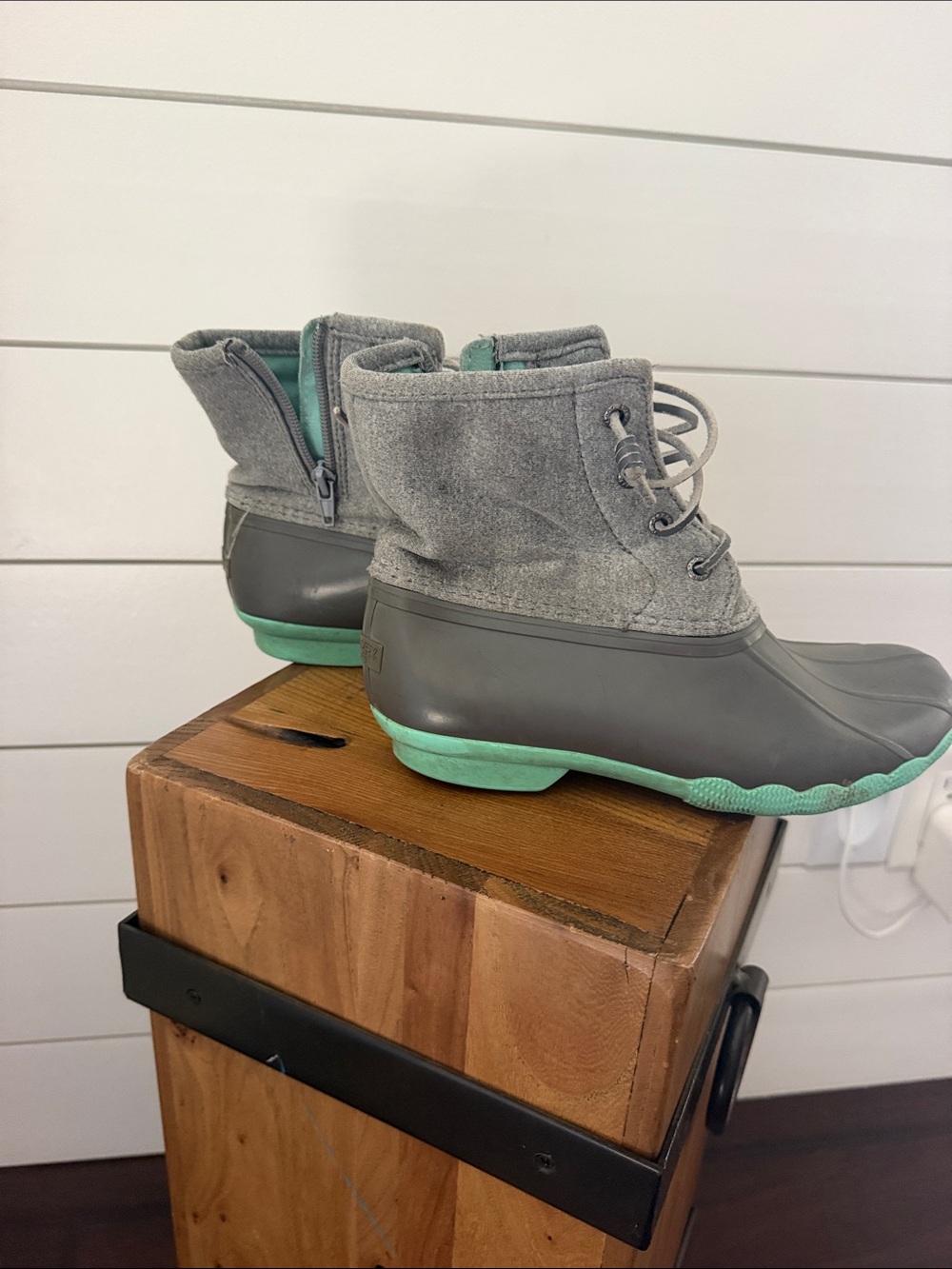 Sperry Gray and Mint Kids Duck Rain Boots